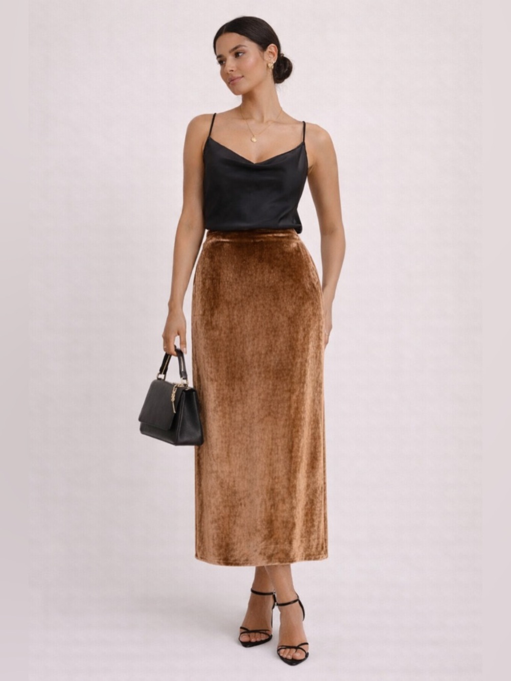 Vince Champagne Velvet Midi Skirt Soft Luxe Slip Skirt Side Slit Minimalist Sz 2